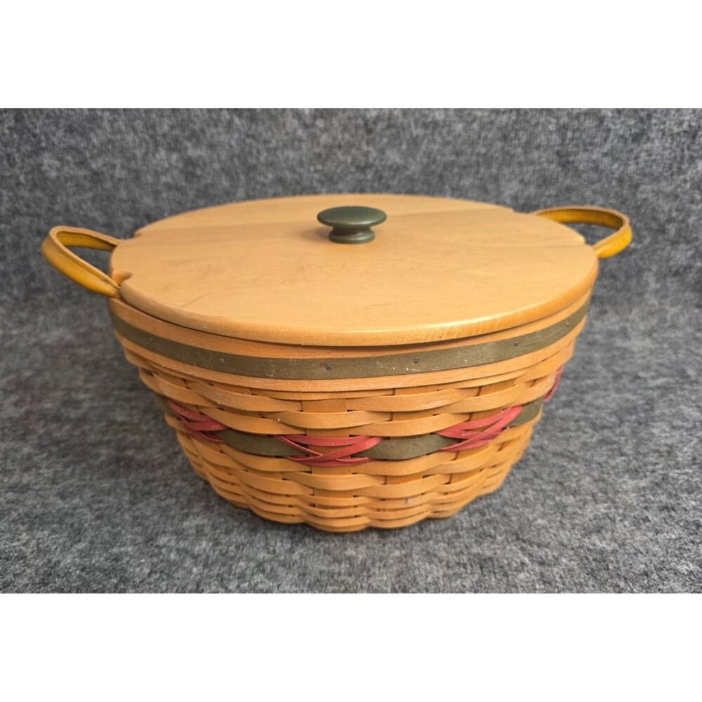 Longaberger 1999 Signed Pine Cone Basket w/ Lid & Liner Handwoven Wooden Lid